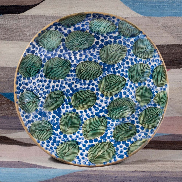 GREEN LEAVES BLUE SERVING BOWL - pottery GREEN LEAVES BLUE SERVING BOWL - pottery