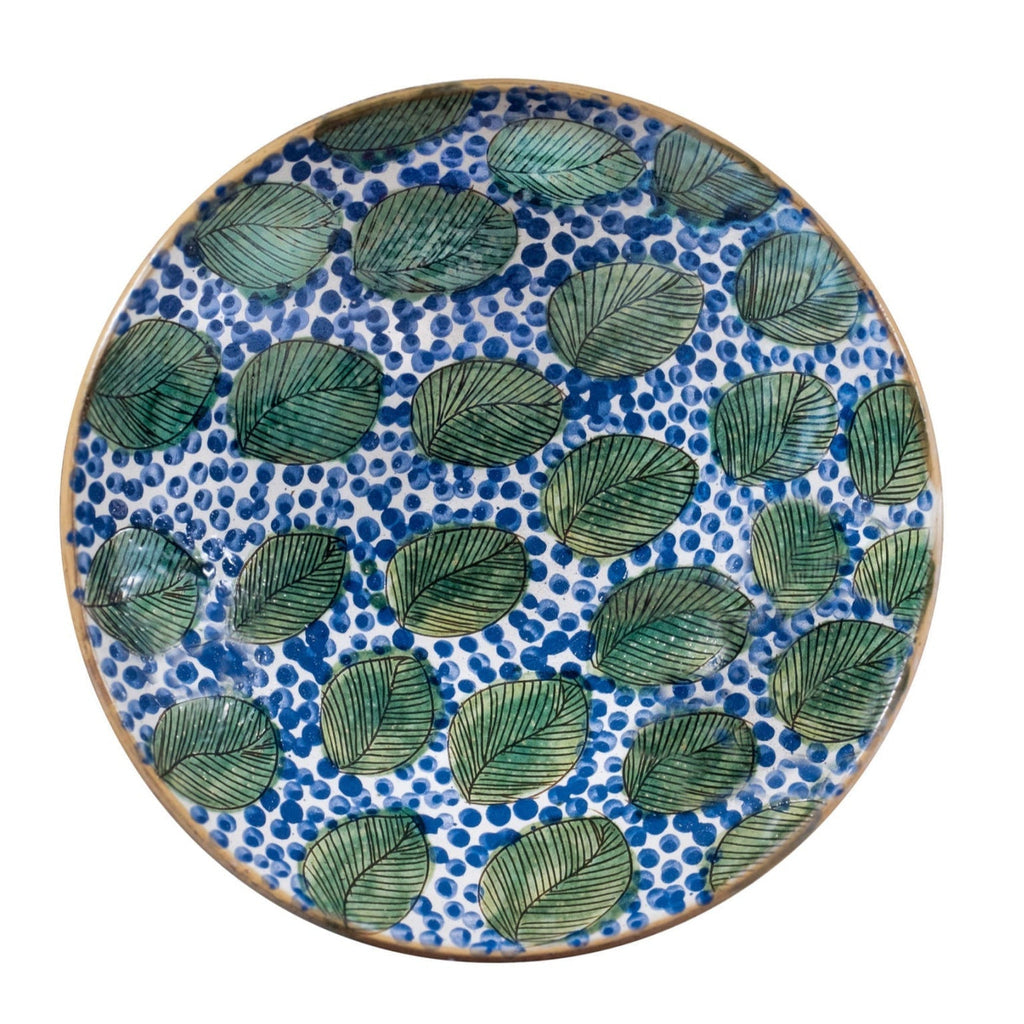 GREEN LEAVES BLUE SERVING BOWL - pottery