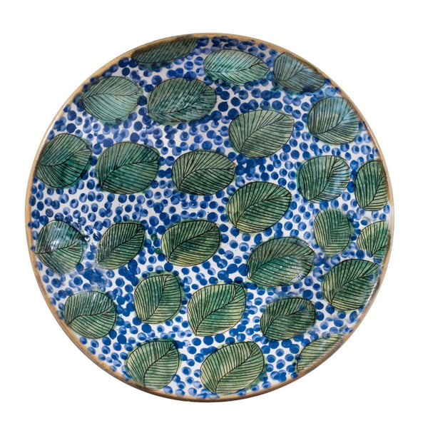 GREEN LEAVES BLUE SERVING BOWL - pottery GREEN LEAVES BLUE SERVING BOWL - pottery